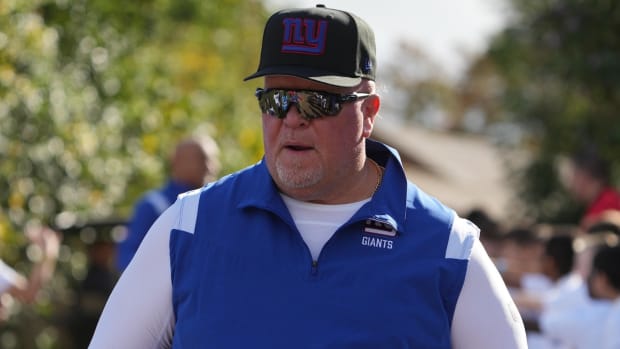 Dec 4, 2022; East Rutherford, New Jersey, USA; New York Giants defensive coordinator Don Martindale looks on prior to the game against the Washington Commanders at MetLife Stadium. Mandatory Credit: Rich Barnes-USA TODAY Sports